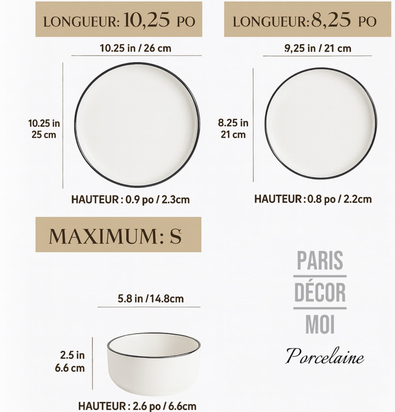 Ensemble Assiettes & Bols Modernes – Céramique Bord Noir (18 Pièces)