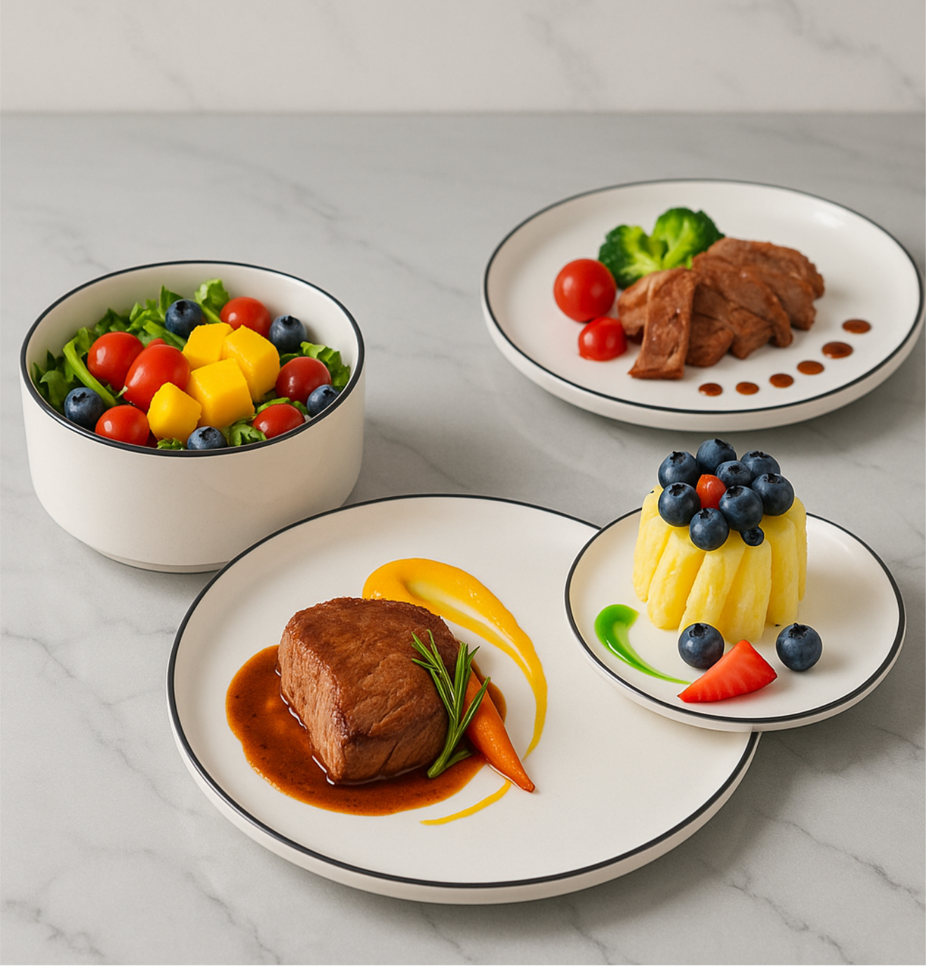 Ensemble Assiettes & Bols Modernes – Céramique Bord Noir (18 Pièces)