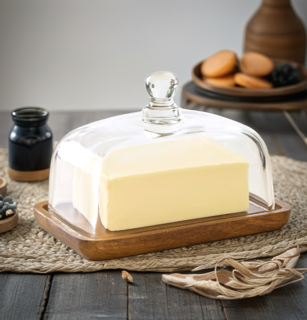 Beurrier élégant en bois avec cloche transparente