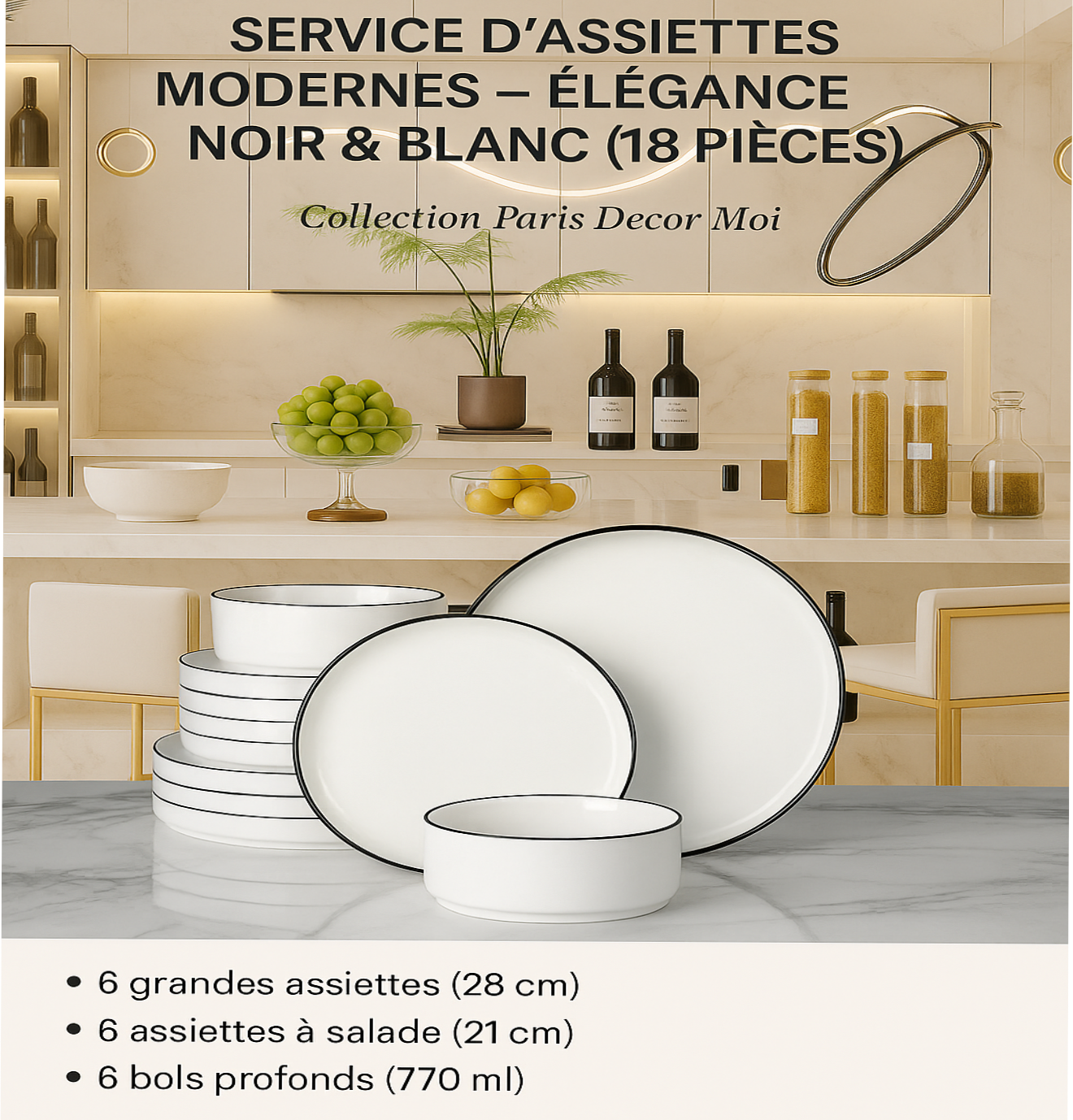 Ensemble Assiettes & Bols Modernes – Céramique Bord Noir (18 Pièces)