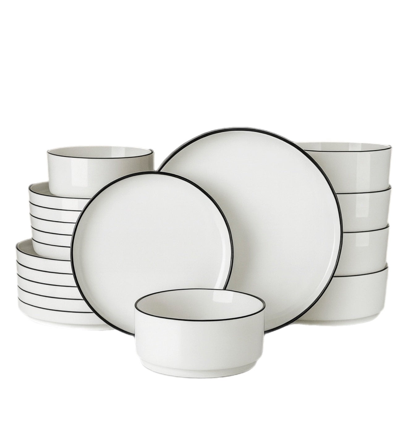 Ensemble Assiettes & Bols Modernes – Céramique Bord Noir (18 Pièces)