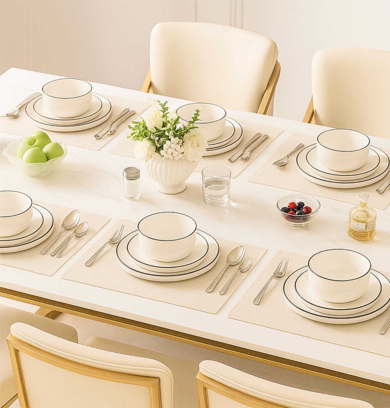 Ensemble Assiettes & Bols Modernes – Céramique Bord Noir (18 Pièces)