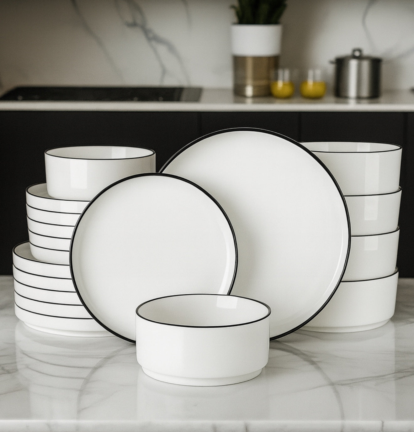 Ensemble Assiettes & Bols Modernes – Céramique Bord Noir (18 Pièces)