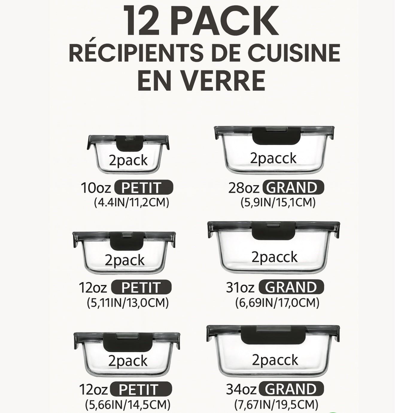 Lot de 12 boîtes de conservation en verre avec couvercles hermétiques