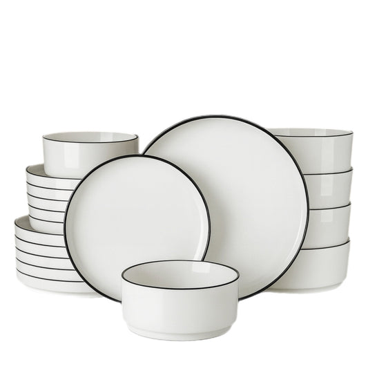 Ensemble Assiettes & Bols Modernes – Céramique Bord Noir (18 Pièces)