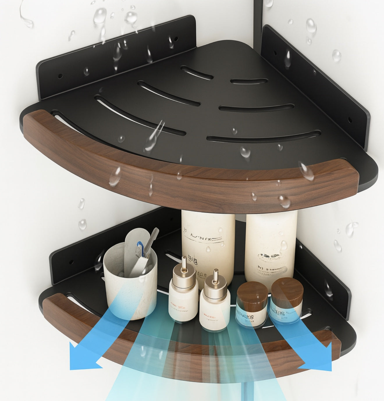 Étagère Murale d’Angle Triangulaire – Noyer & Aluminium