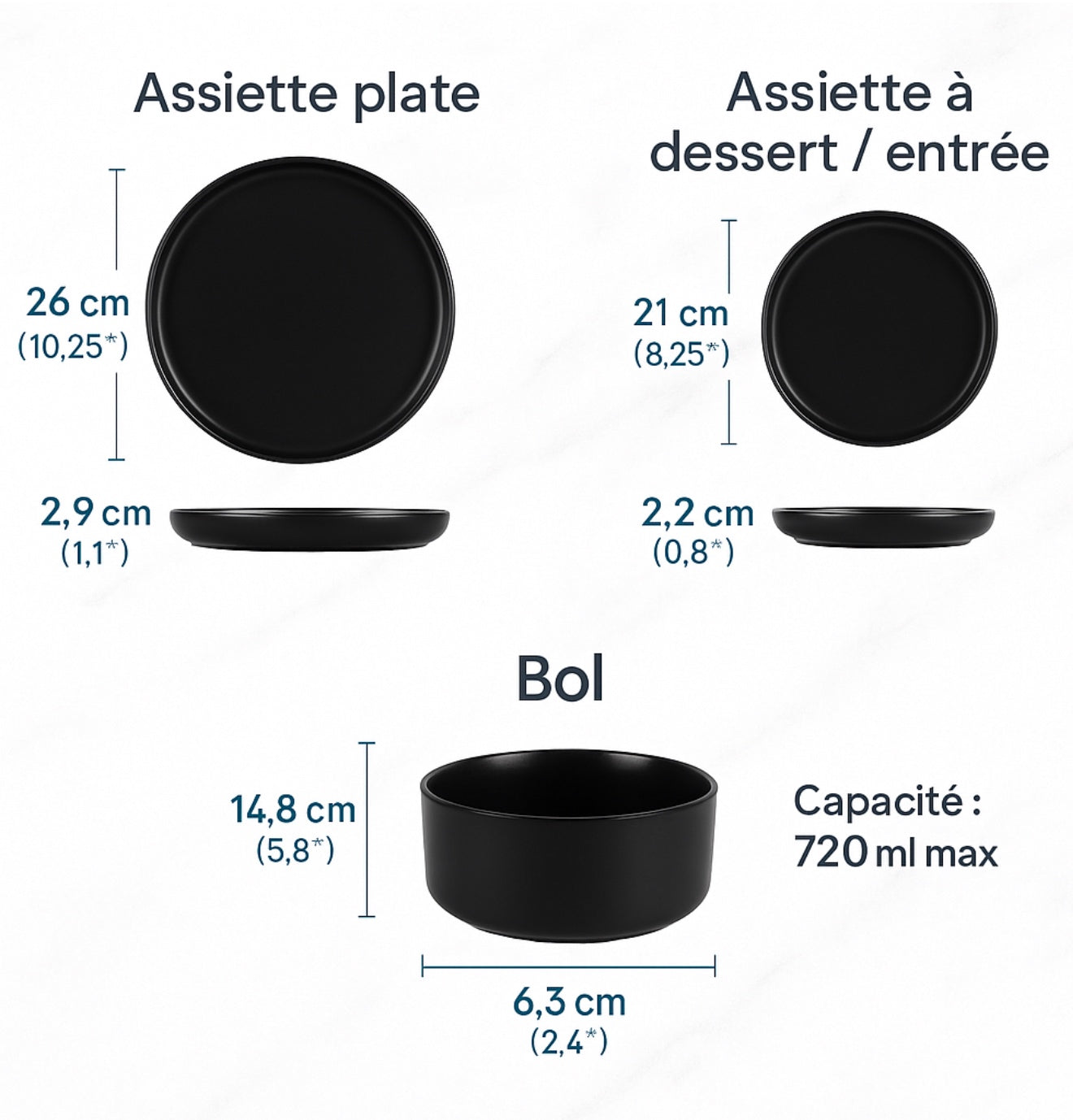 Ensemble de Vaisselle Noire en Céramique – 18 pièces